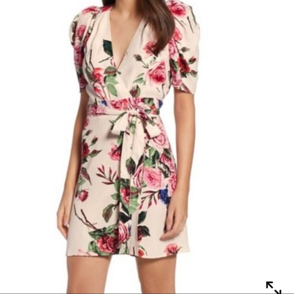 AFRM Dresses & Skirts - AFRM Floral Wrap Tie Dress beach coverup XS puff shoulder pink rose